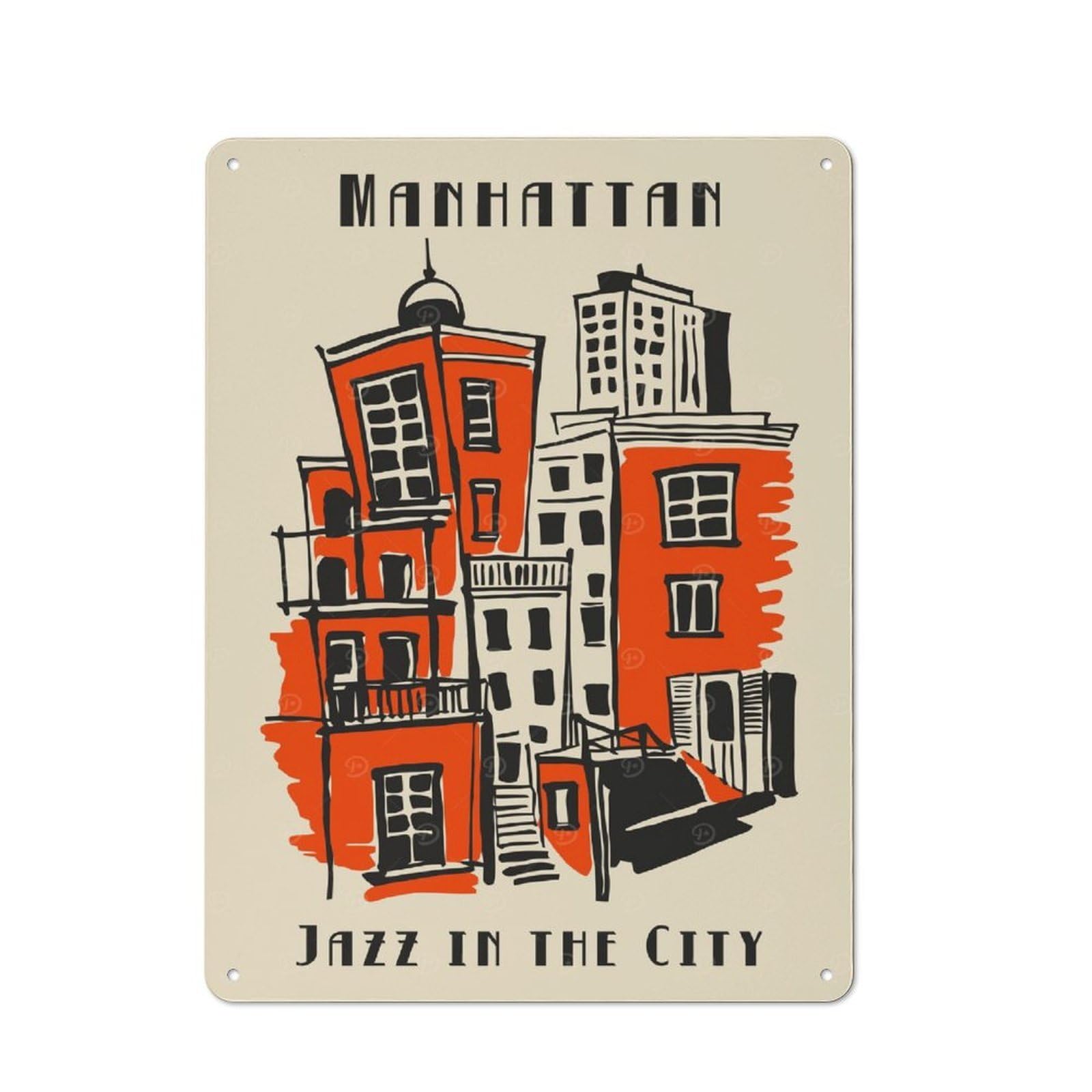 Garage Style Decorative Metal Plaque 40x30cm Featuring Manhattan Jazz Cityscape Art Print, Garage Wall Decor for Garage, Workshop, Shed Or Utility Room