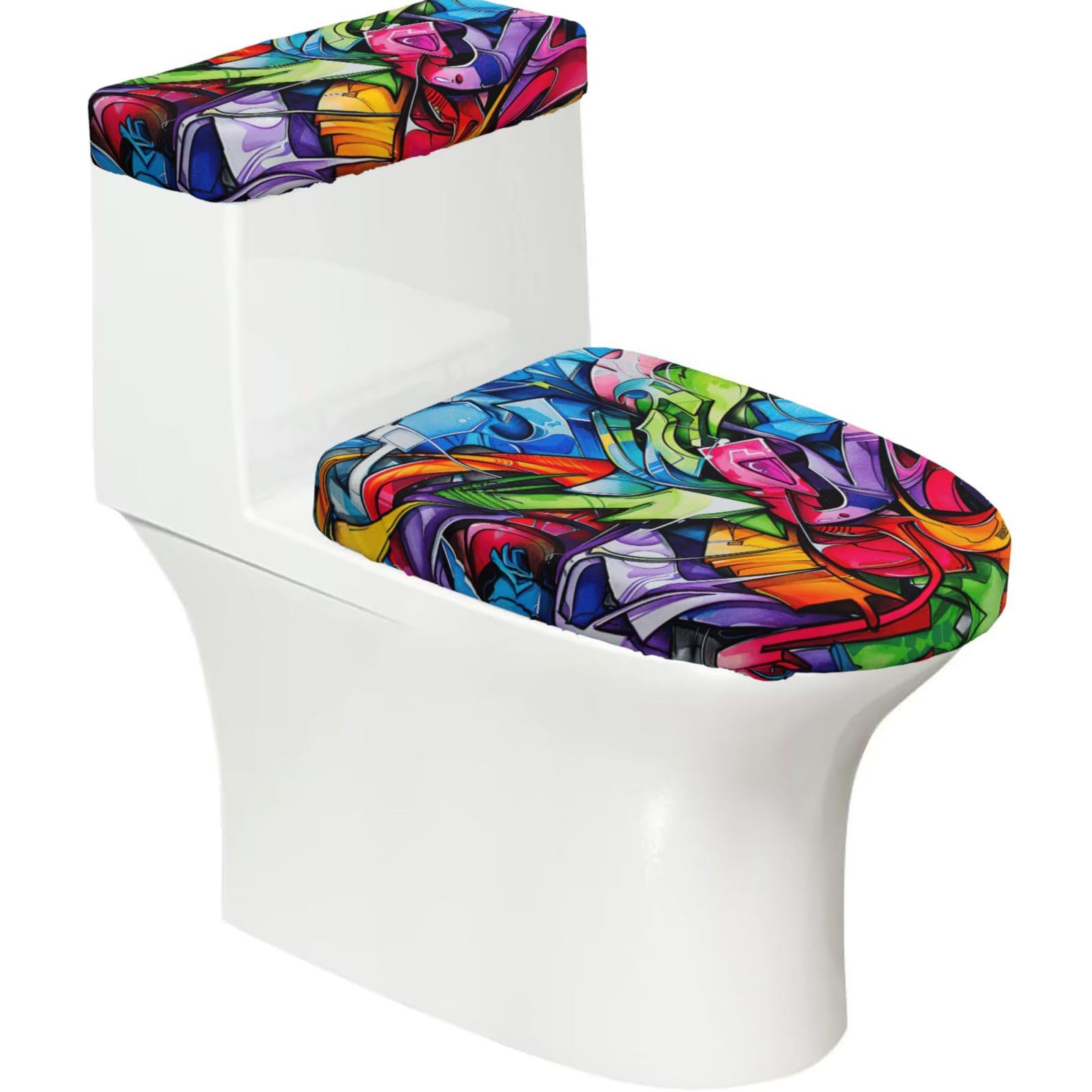 Graffiti Drawing Printed Toilet Tank and Lid Cover Set of 2 for Most Bathrooms, Fits Elongated Round Toilets