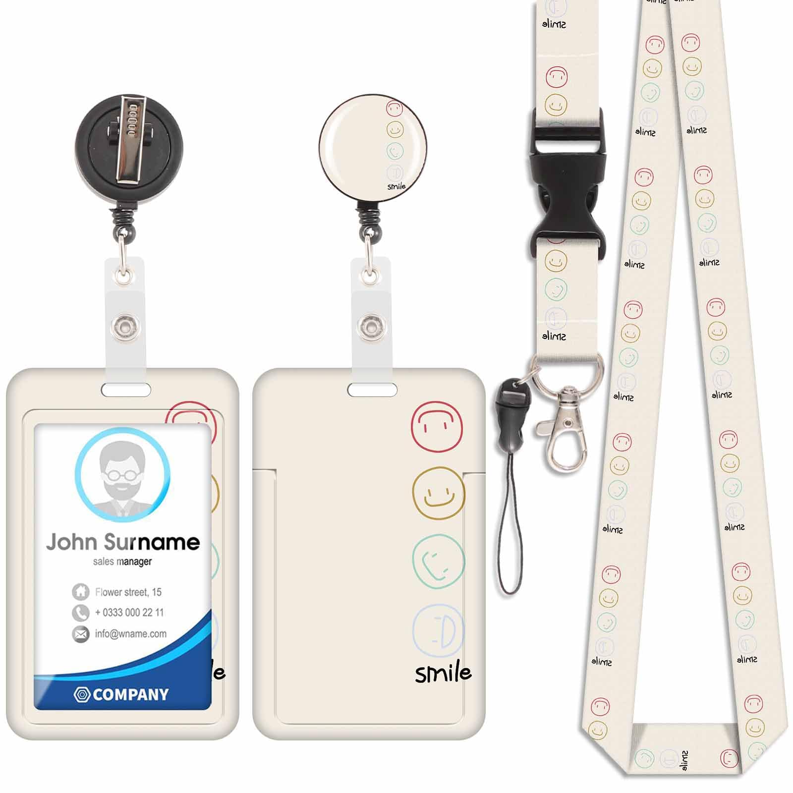 Badge Holder with Lanyard, ID Badge Holders with Detachable Cute Lanyard, Retractable Badge Reel Carabiner Clip, Personalized Card Cover Case Protector for Nurse Teacher Student (Smiley-Cream-2)