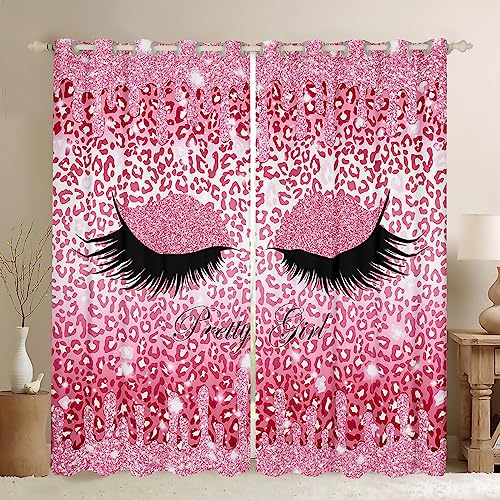 Pink Princess Blackout Curtains Elegant Eyelash Curtains & Drapes for Kids Teen Women, Cheetah Print Curtains Glitters Sequins Print Black Out Curtains, Sparkling Bling Makeup Window Drapes