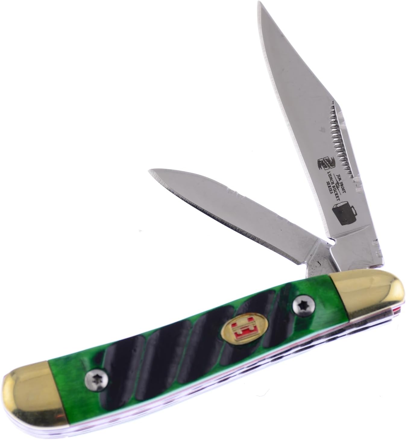 Frost Cutlery Lunch Box Series by Jim Frost LB50-107G/CS Peanut with a Green Bone Handle German Stainless Steel Blade Closed 2.88 Inches