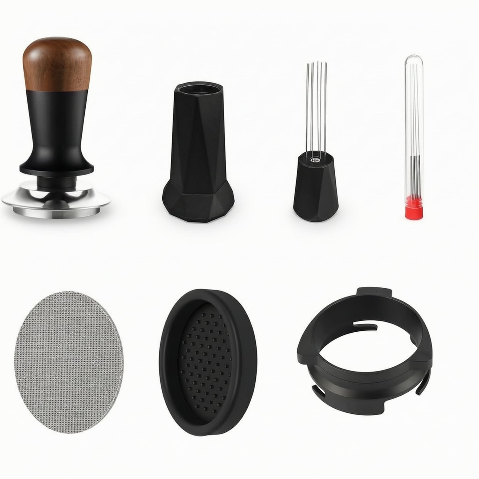 Kit Pressino caffè 5 Pezzi con Utensile Distribuzione Macinato Schermo Rotondo Tappetino Pressa Nero Supporto Dosatore in Acciaio per Estrazione Uniforme Macchina
