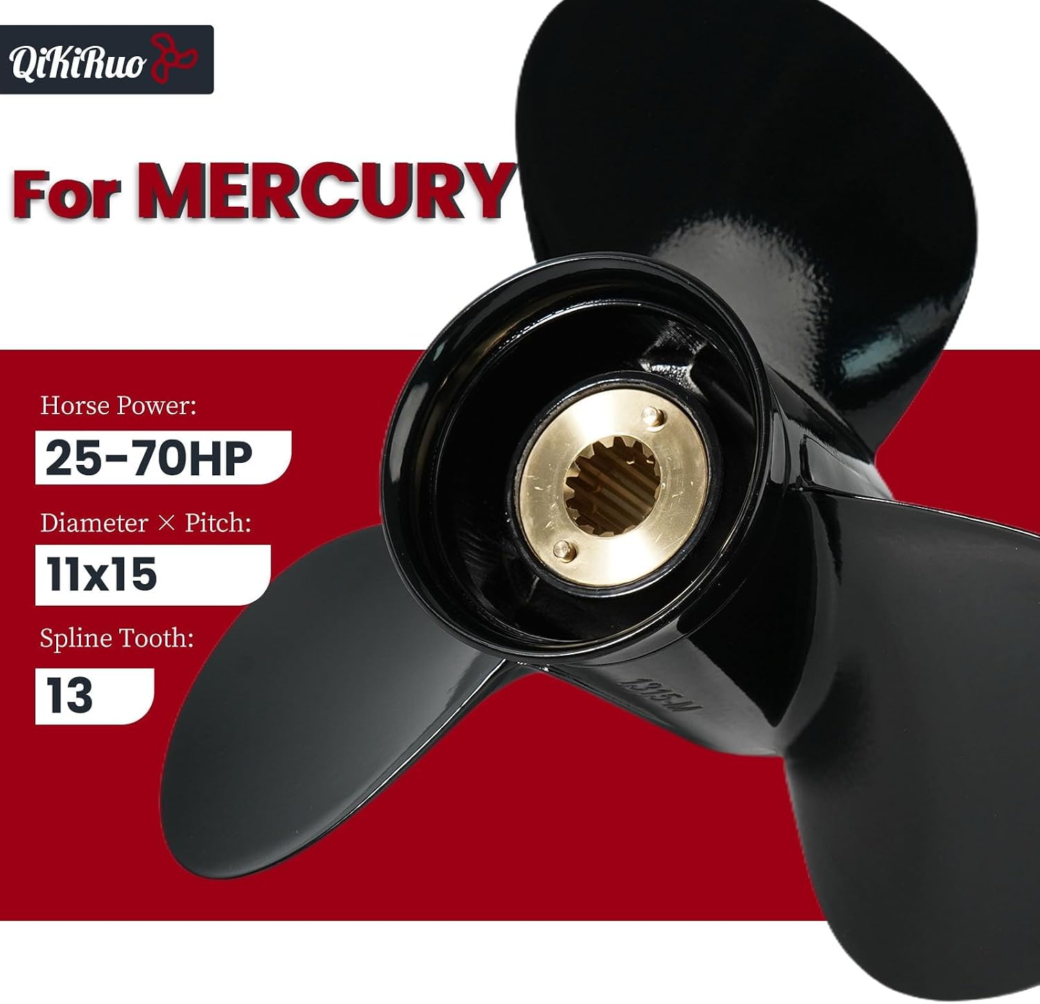 for Mercury 11x15 Propeller 25/30/35/40/45/48/50/55/60/70/75HP, 3-Blade Aluminum Outboard Props,13 Spline Tooth, RH