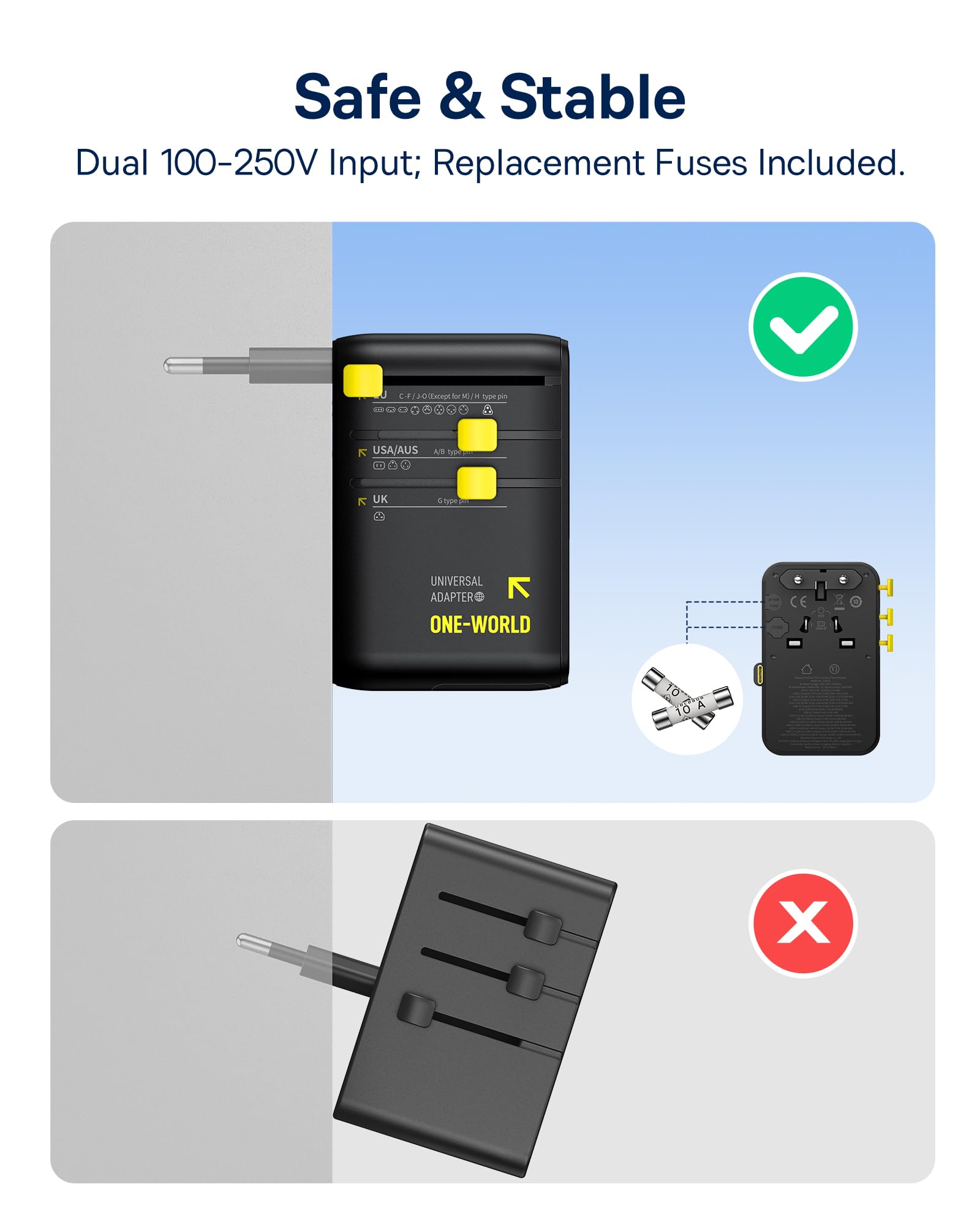 Baseus Enercore 70 W adapter podróżny na całym świecie z wysuwanym kablem, uniwersalna wtyczka podróżna z 2 AC+2 USB A+USB C, międzynarodowy adapter gniazdka, do USA, Anglii, Japonii, Tajlandii