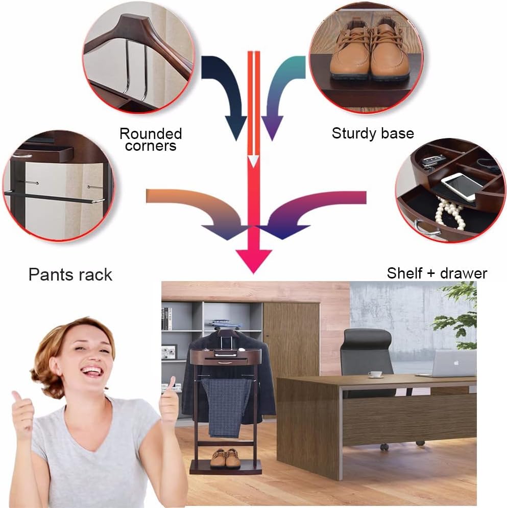 Coat Rack Suit Valet Rack Stand with Drawer + Shelf Wood Suit Valet Stand Clothes Rack with Anti-Slip Trouser Bar Floor Standing Clothes Valet for Office Both L