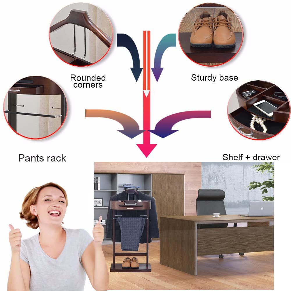 RajoNN Perchero para Trajes, Perchero con cajón y Estante, Perchero de Madera para Trajes, Perchero con Barra Antideslizante para Pantalones, Perchero de pie