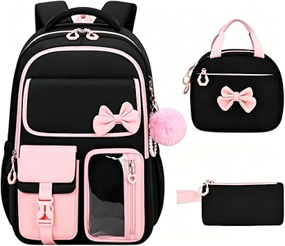 Backpack for Girls Kids Backpack for School with Lunch Bag Pencil Case Kawaii Bow Kids Bookbag for Teen Elementary Middle School