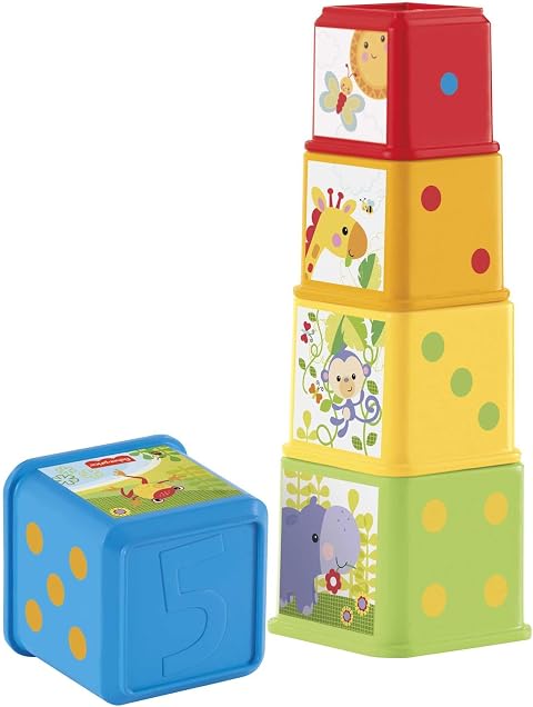 Fisher-Price - Blocchi degli Animali, Set di 5 Blocchi Colorati con Facce illustrate, da incastrare e impilare per Un Divertimento sensoriale, Giocattolo per Bambini, 6+ Mesi, CDC52