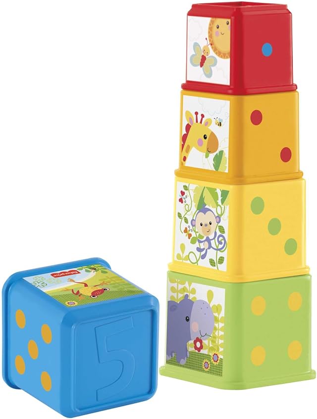 Fisher-Price - Blocchi degli Animali, Set di 5 Blocchi Colorati con Facce illustrate, da incastrare e impilare per Un Divertimento sensoriale, Giocattolo per Bambini, 6+ Mesi, CDC52