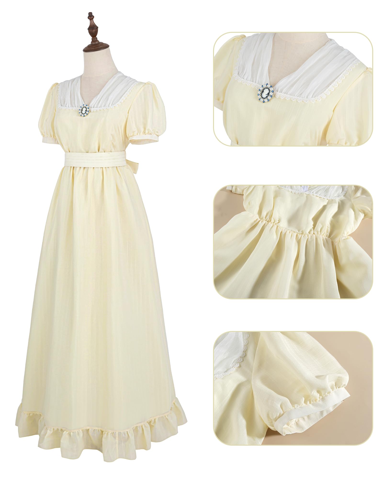 Regency - Vestido de verano para mujer, estilo imperio, con cinturón y broche en el pecho, para cosplay, con guantes