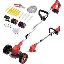 Cordless Weed Wacker Eater Battery Powered, 21V Electric Weed Trimmer with 2 Battery Operated & Charger & Wheels & Shears, 3 in 1 Lightweight No-String Grass Trimmer/Brush Cutter/Lawn Edger for Garden