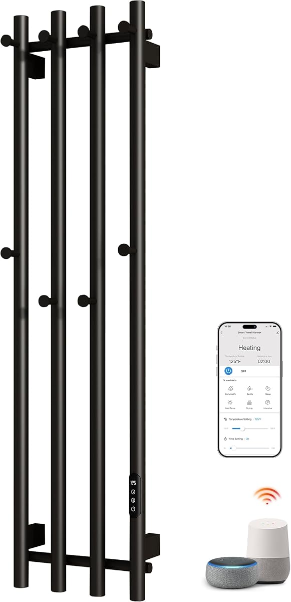 Toallero con calefacción inteligente, 30.8"x47.24" negro, montado en la pared, vertical | Control de aplicación WiFi, calentador de toallas eléctrico, enchufable/hardware, temperatura ajustable, temporizador de 24 horas, IPX5