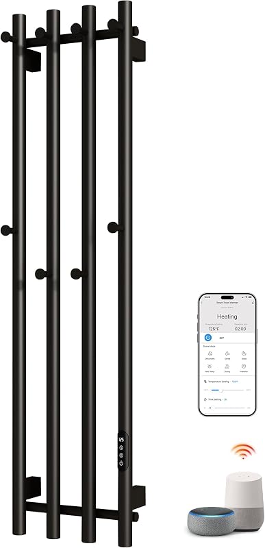 Toallero con calefacción inteligente, 30.8"x47.24" negro, montado en la pared, vertical | Control de aplicación WiFi, calentador de toallas eléctrico, enchufable/hardware, temperatura ajustable, temporizador de 24 horas, IPX5