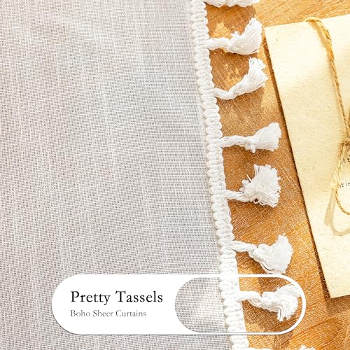 Image of MYSKY HOME Semi Sheer Light Filtering White Bohemian Curtains for Sliding Door 96 Inches Long，Back Tab Ceiling Curtains with Tassel for Living Room Bedroom, 50 inch x 96 inch，Pure White，2 Pieces