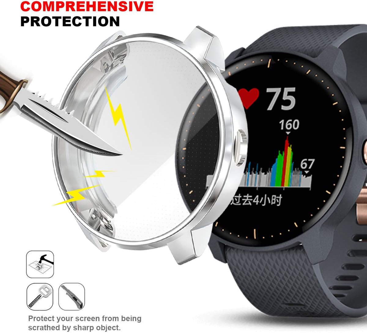 Vivoactive 3 Music Protector Case,JZK Soft TPU Plated Screen Protector Cover All-Around Protective Screen Cover Bumper Shell for Vivoactive 3 Music SmartWatch Accessories (Silver)
