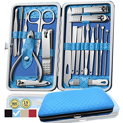 Manicure Kit Nail Clippers Pedicure Kit -19 Pieces Stainless Steel Manicure Set, Professional Grooming Kits, Nail Care Tools with Luxurious Travel Case (Blue)