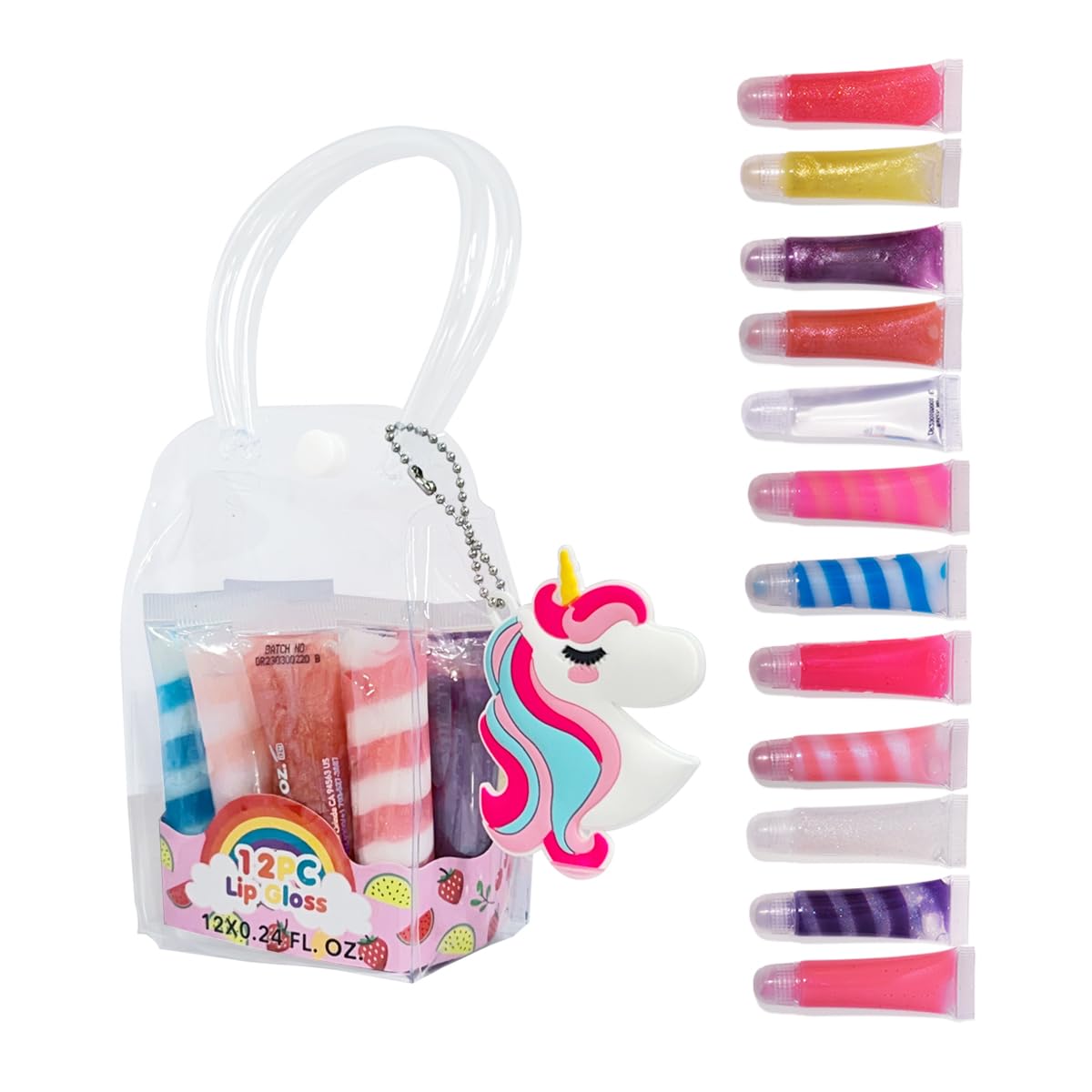 12Pcs Sparkle kids Lip Gloss Set with Unicorn Keychain Carrying Case Assorted Flavors Moisturizing Shimmer Glossy Lip Party