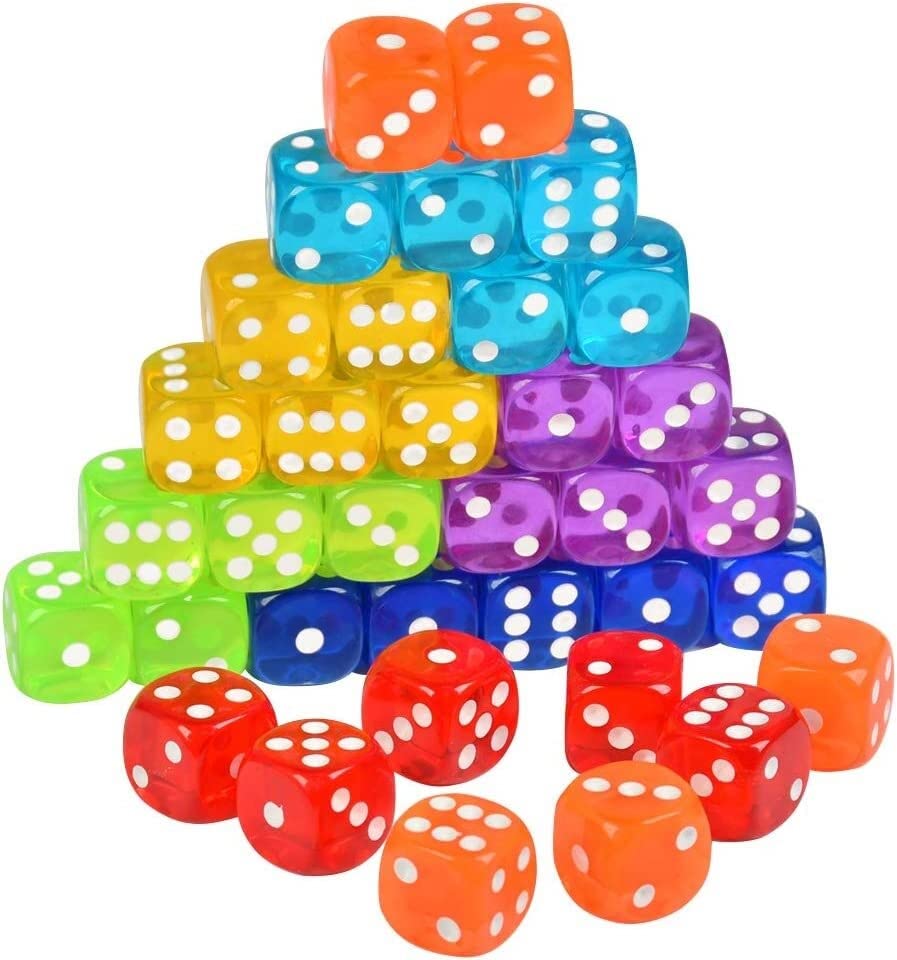 HUFFA 35Pack 6-Sided Game Dice Set of 7 Translucent Vintage Colors 16mm d6s for All Kinds of Tabletop, Board, Games or Teaching Math, RPG Dice