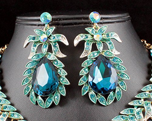 Janefashions Vine Leaves Austrian Rhinestone Crystal Necklace Earrings Set Bridal Teal N812T #TOP2