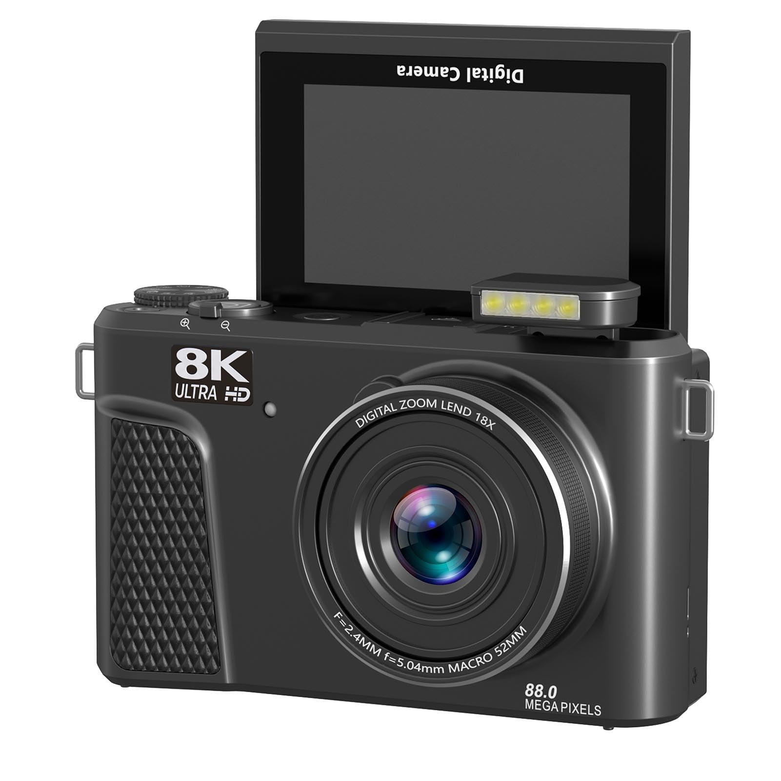 Fotocamera Digitale, 8K 88MP Zoom 18x Autofocus WiFi Fotocamera per Vlogging da Viaggio con Schermo Ribaltabile da 3 Pollici Luce di Riempimento per Videochiamate in Streaming (BLACK)