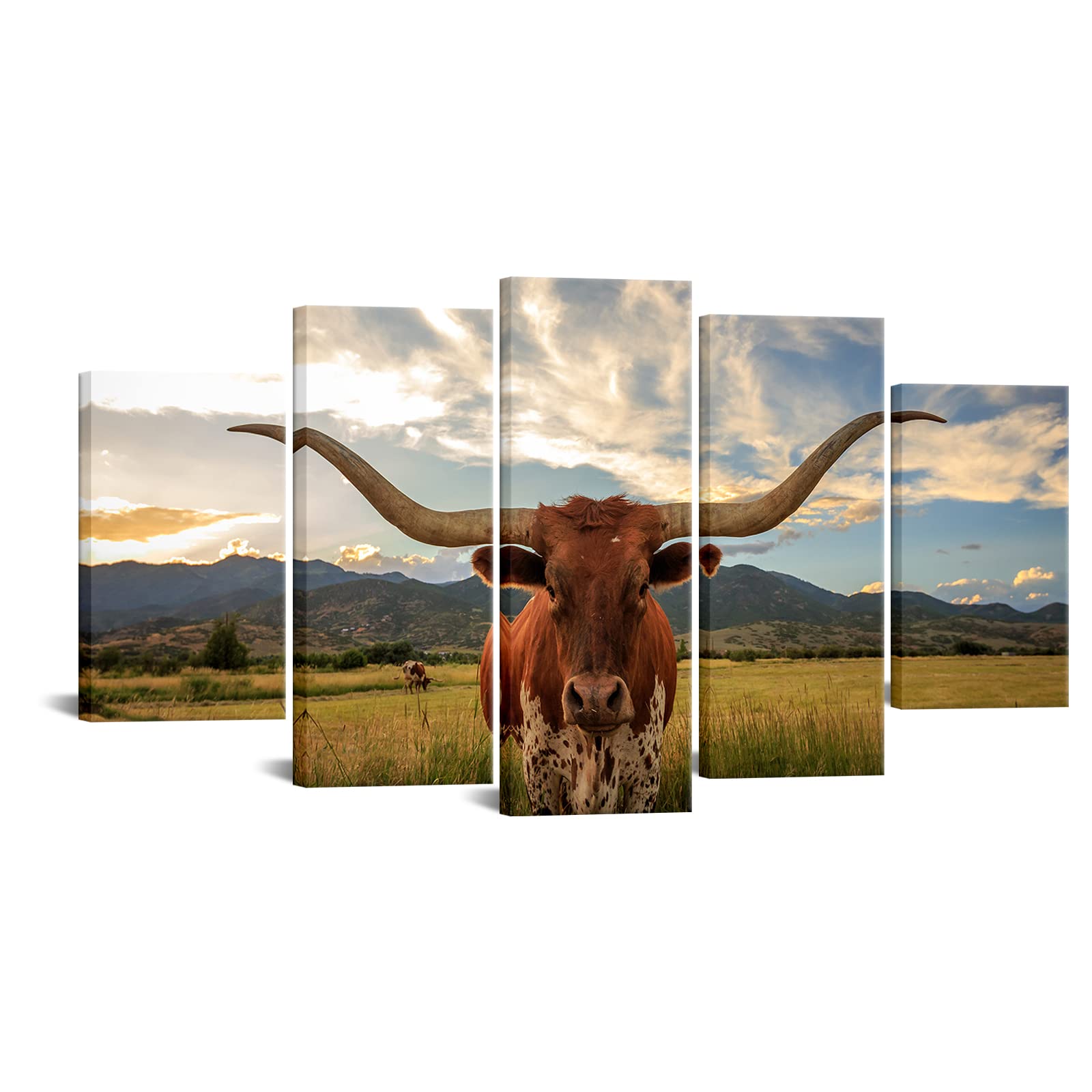 Kreative Arts Large 5 Panel Animal Picture for Living Room Texas Longhorn Steer in Rural Utah Painting Cow with Big Horns Wall Art Farm Animals Prints on Canvas Modern Home Decor 60x32inch