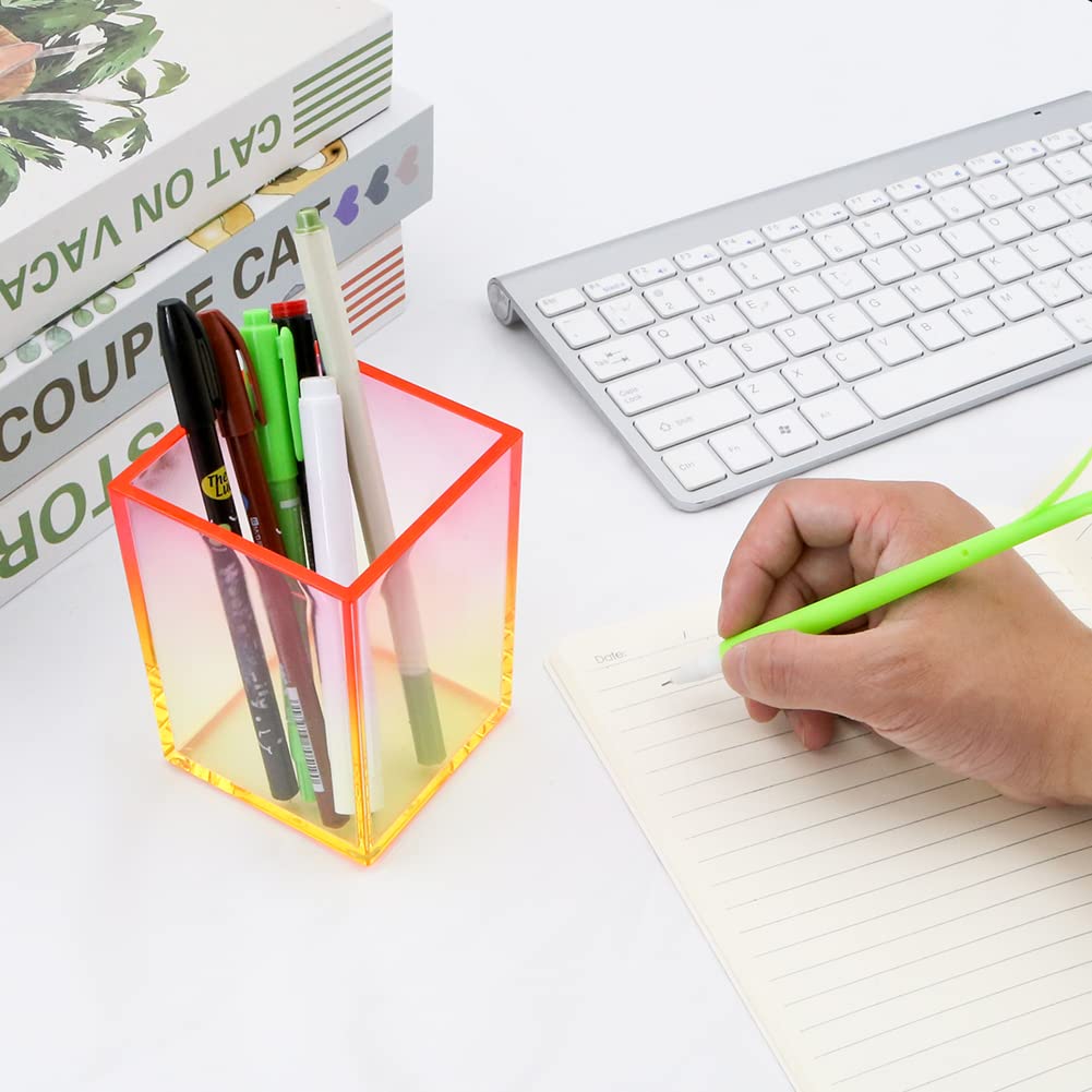 Gradient Acrylic Pen Container Holder,Clear Yellow Red Makeup Brush Holder Pen Pencil Cup Pot Acrylic Desktop Organizer Home Office Desktop Decoration for Kid Student Girl Woman Gift - Image 4