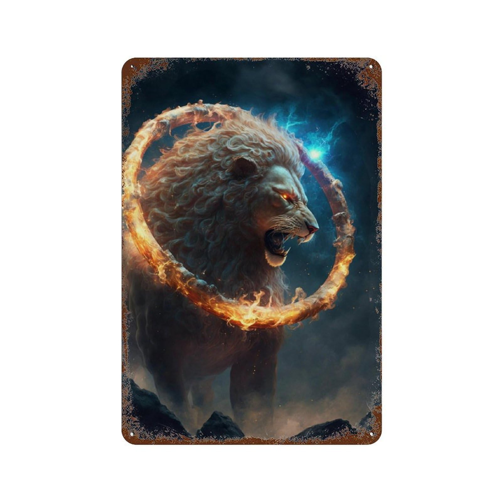 Flaming Lion Ring Artwork Decorative Tin Sign 11.8"x7.9", for Farmhouse, Kitchen And Entryway Decor, Vintage Wall Decor