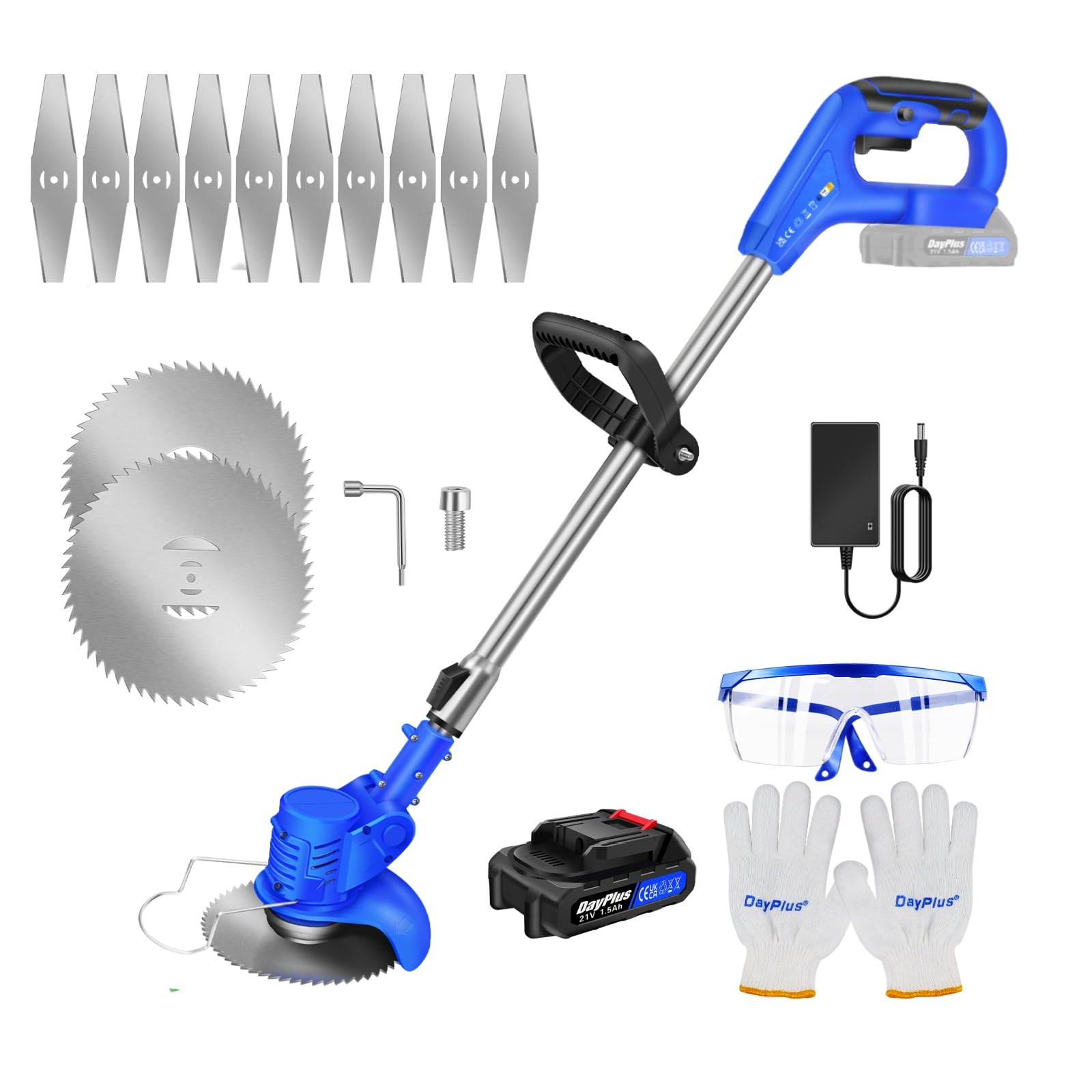 21V Coupe Bordure sans Fil avec Batterie, Coupe-Herbe électrique,Débroussailleuse à Gazon sans balais,Tête Orientable à 90°, Hauteur Réglable(1xbatterie /Bleu)