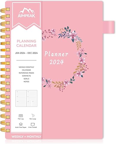 Agenda semanal y mensual 2024, agenda semanal AIMPEAK 2024 con pestañas, enero 2024 a diciembre 2024, 2024, agenda diaria con encuadernación en