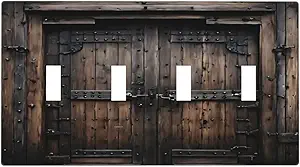Decorative Light Switch Cover Plate Retro Brown Wood Barn Door Vintage Farmhouse 4 Gang Wall Plate Oversized Quad Toggle Switch Cover Plate Jumbo Faceplate