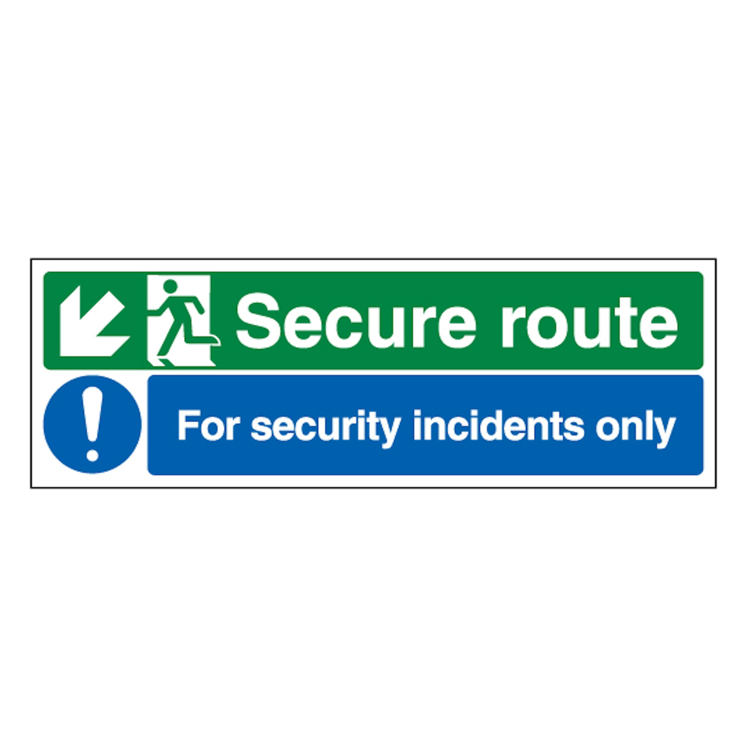 V Safety Secure Route Arrow Down Left/Security Incidents Only 450 x 150 mm - 2mm Rigid Plastic Safety Sign