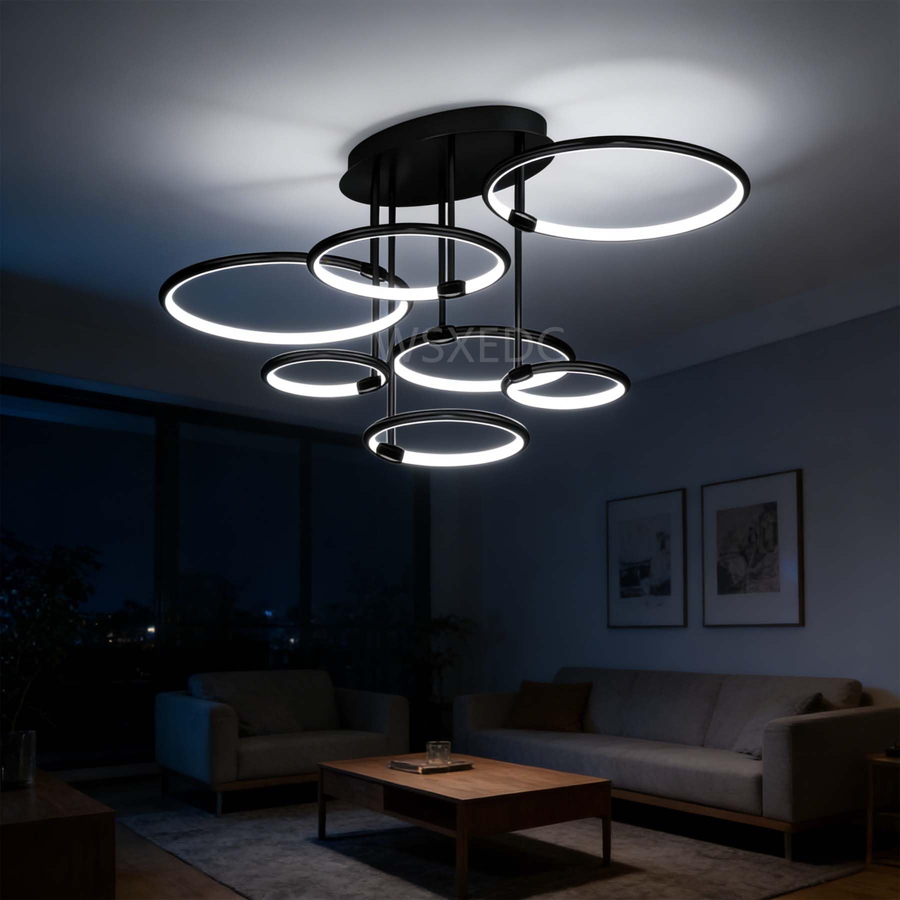 Ring LED Black Ceiling Light 144 W Modern Dimmable Living Room Pendant Light with Night Light Creative 7 Ring DIY Bedroom Lamp for Living Room Study Office Dining Room Bedroom (Black, 110cm，144W)