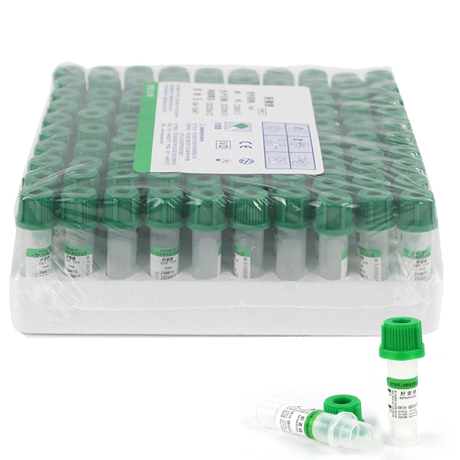 100 Provette per La Raccolta del Sangue sotto Vuoto (0,5ml/1ml), Provetta Verde con Eparina di Litio/Provetta Viola con Anticoagulante EDTA K2,Green-0.5ml