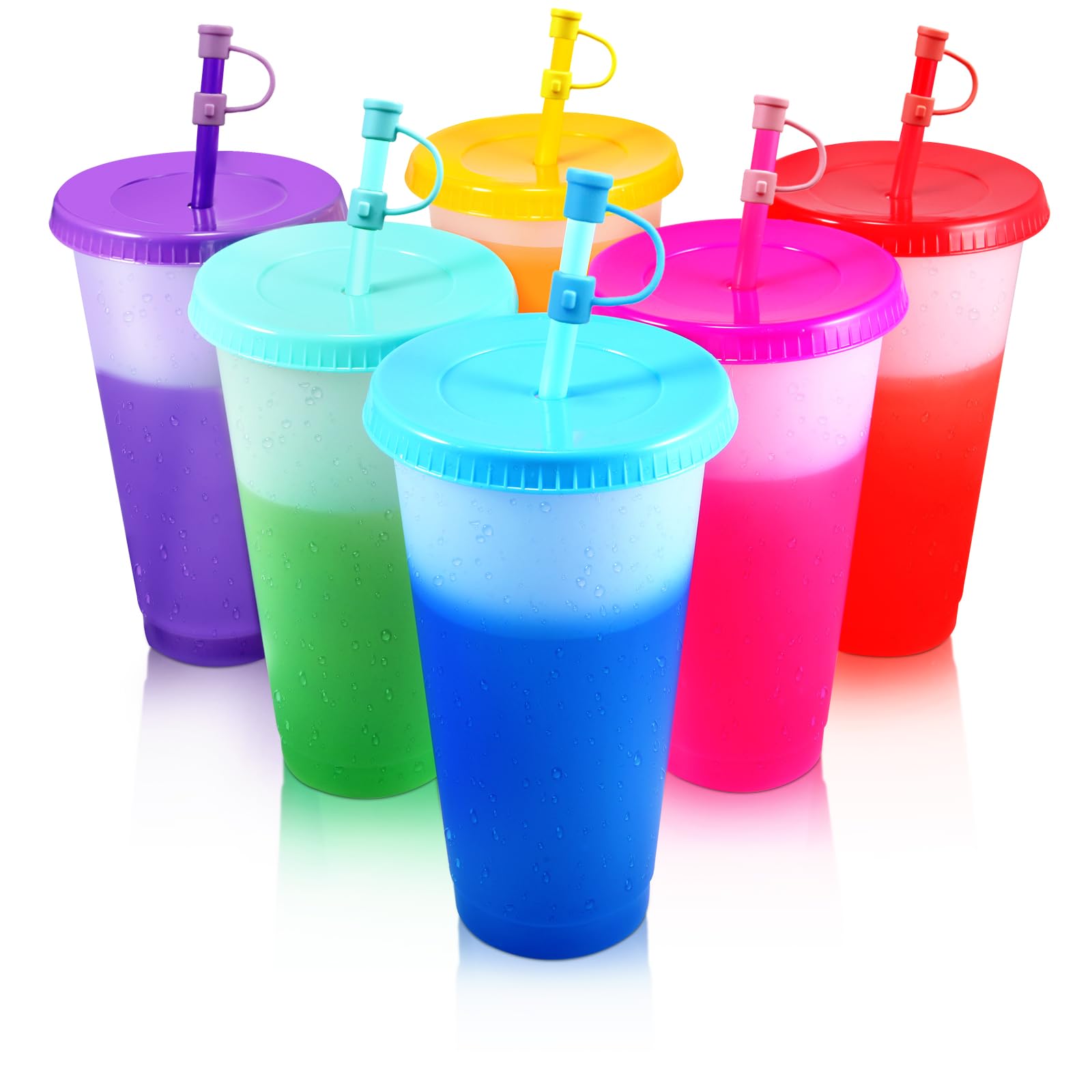 Plastikbecher Trinkbecher Becher mit Strohhalm & Deckel - 710ml Groß Tasse Farbwechselbecher kaffeebecher to go Becher Mehrweg Travel Tumbler für Eiskaffee Kaltes Trinken Smoothie Saft