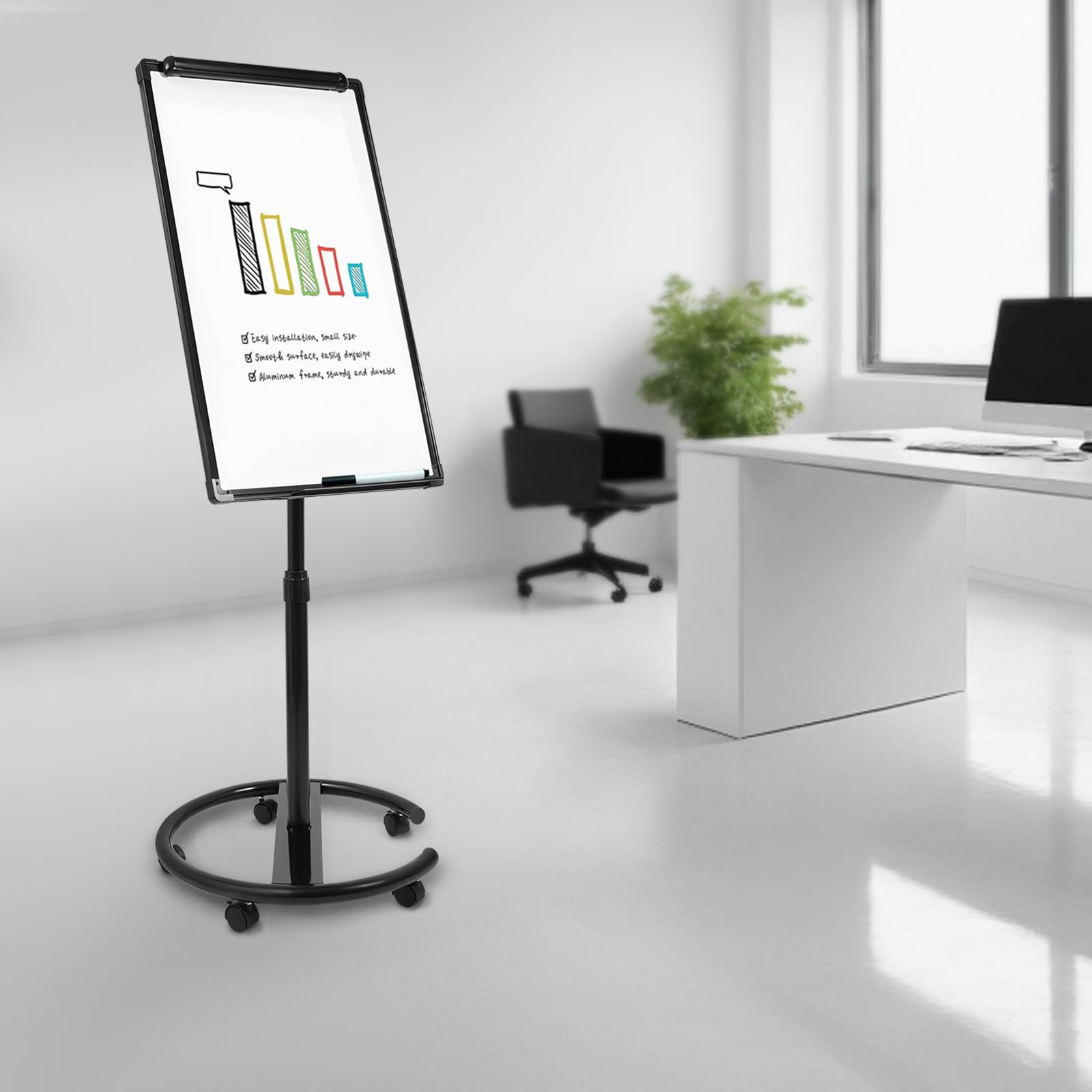 Höhenverstellbar Mobiles Whiteboard Einseitige Magnetisches Whiteboard mit Ständer 90x60cm Tragbares Staffelei Flipchart Ständer Rollendes Trockenlöschbrett mit 5 Universalräder (Schwarz)