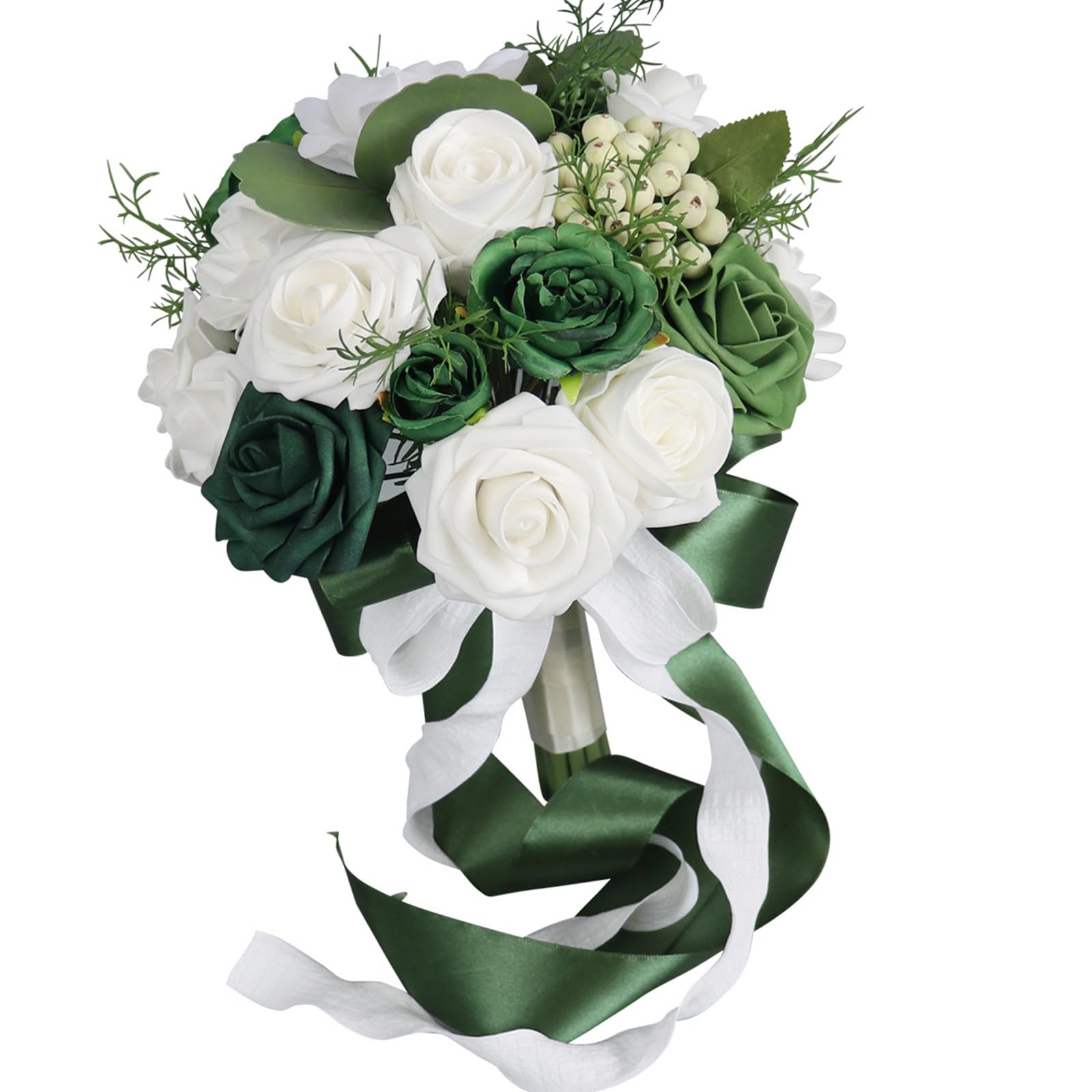 JSGHGDF Flexible Artificial Maid Arrangement White Green PU Roses for Ceremony Rehearsal Reception Enduring Keepsakes Wedding Bouquet Silk Flowers