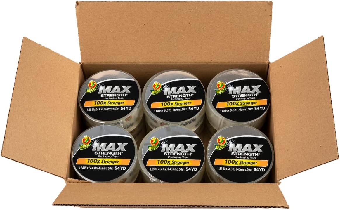 Max Strength Clear Packing Tape Refills – 12 Rolls of Maximum Strength Heavy Duty Packaging Tape for Shipping & Moving Boxes - 3" Core - 1.88 Inch x 54.6 Yards - Clear (287734)