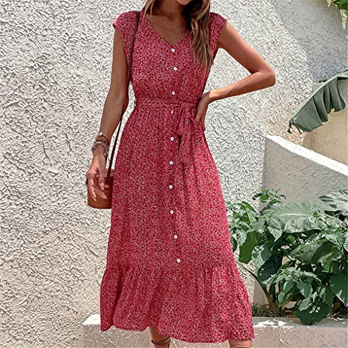 Robe d'été fluide à col en V manches courtes anti-chaleur rouge M