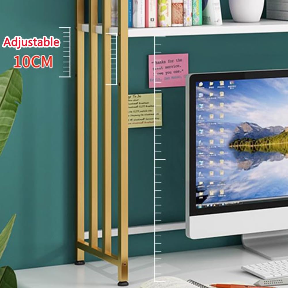 Złoty 2-poziomowy regulowany regał na książki na biurko, stylowy stojak do przechowywania na biurko do akademika i biblioteki, 36 x 26 x 90 cm, idealny do domowego biura i gabinetu