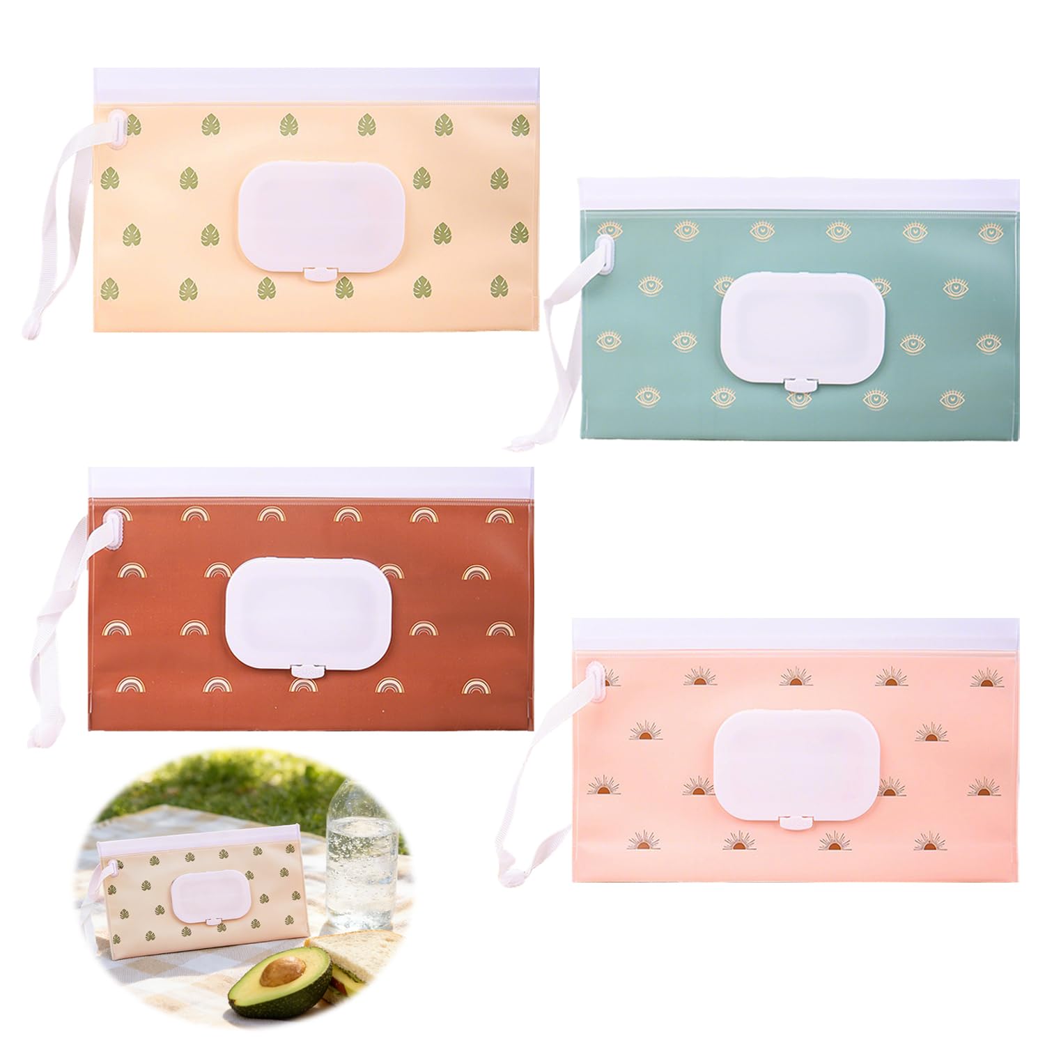 4er-Pack Feuchttücherbeutel, Feuchttücherbehälter, praktisch für Reisen, leichte Feuchttücherbehälter, geeignet für Reisen, Farben: Rosa, Grün, Braun und Beige