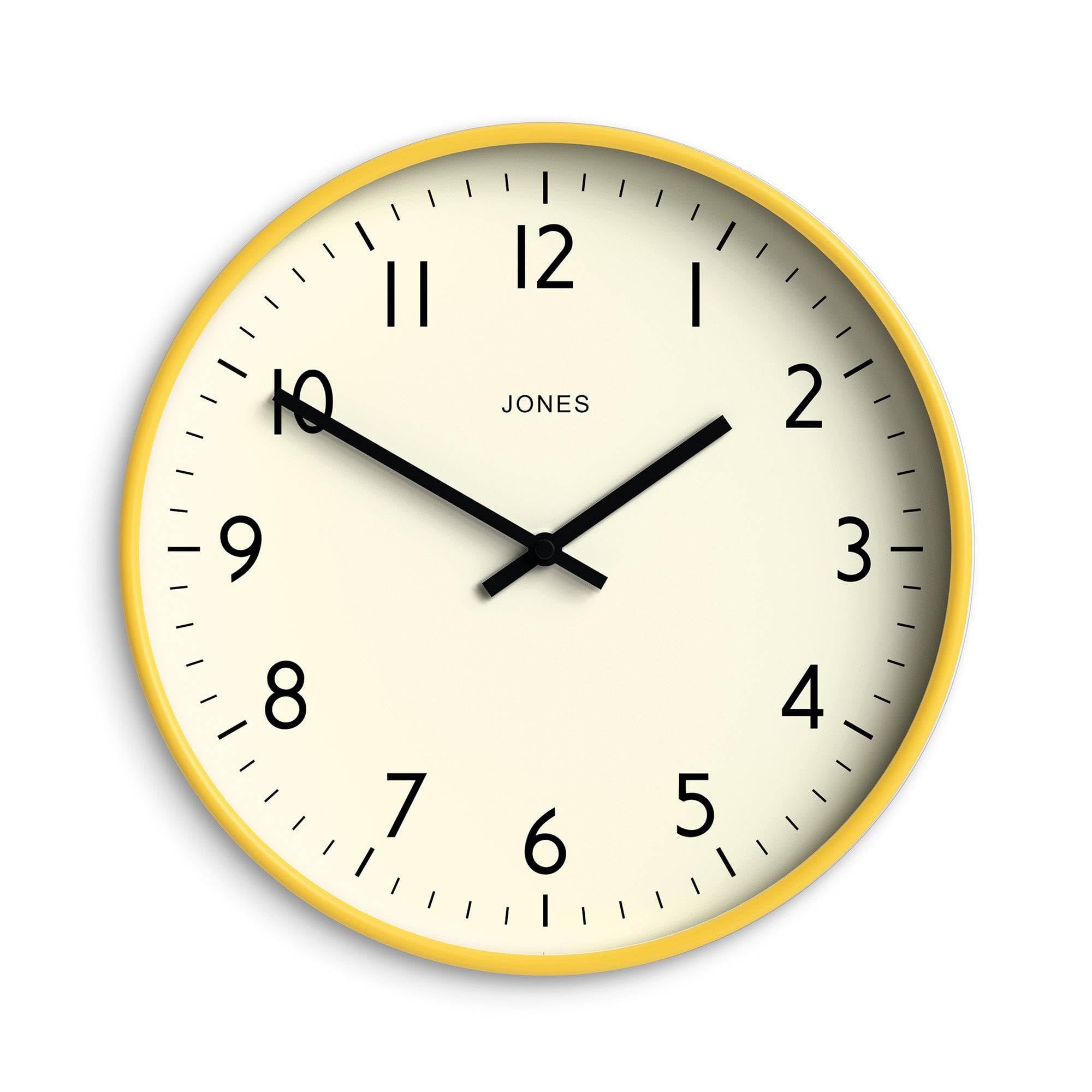 Jones Clocks® Studio wall clock | Modern round clock | 30cm | Yellow | Easy to read numbers | Versatile design for kitchen, living room or office