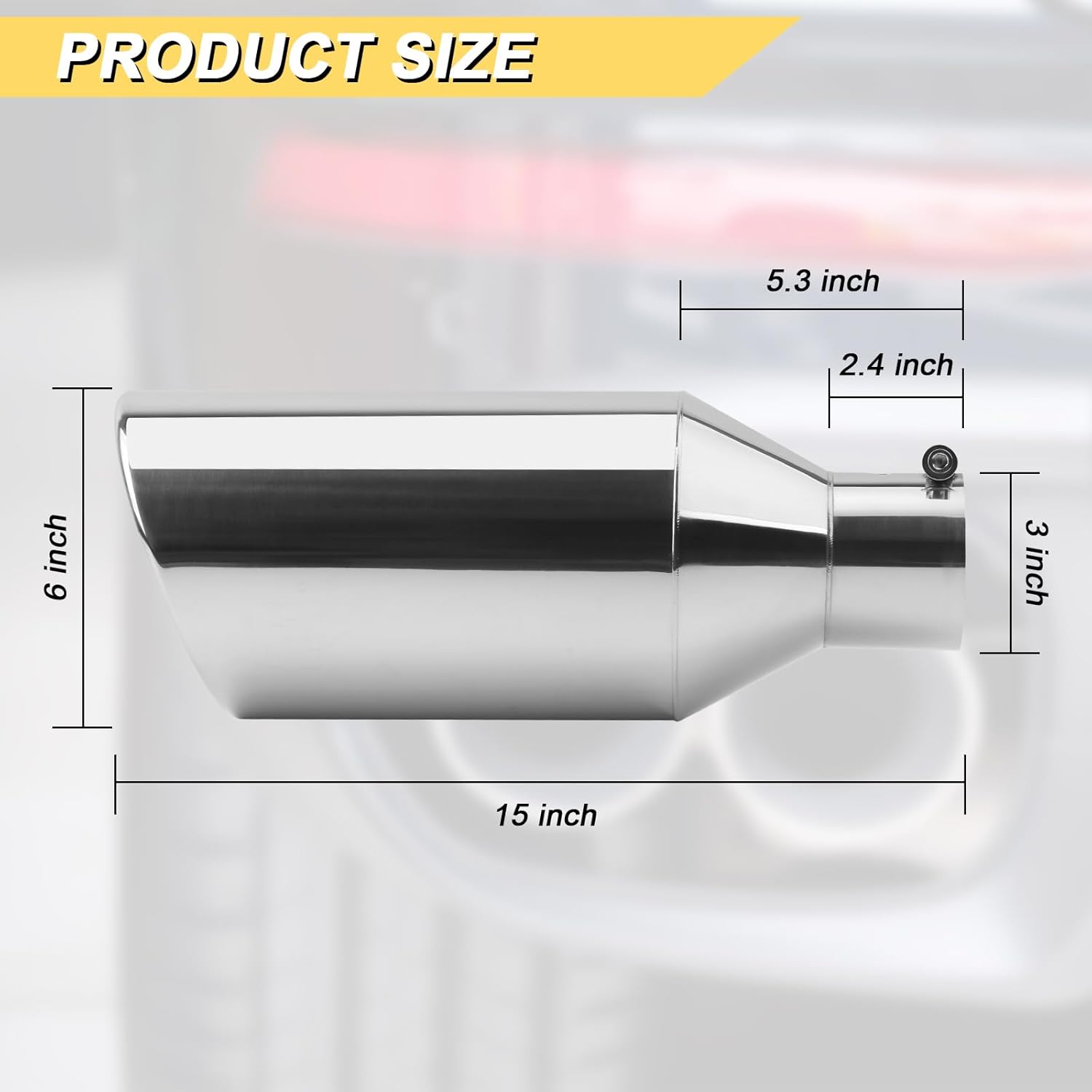 3 inch Inlet Exhaust Tip, 6" Outlet 15" Overall Length Stainless Steel Exhaust Tail Pipe, Bolt-On, Rolled Edge, Slant Sleek Angle Cut, Polished Tailpipe, Silvery