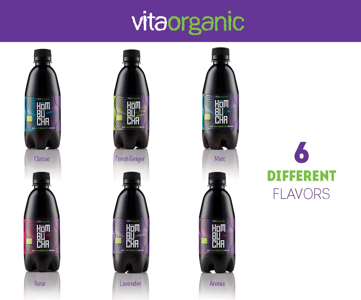 VitaOrganic Kombucha Pilz Drink – Prickelnder Grüner Tee Bio mit Lebender Kombucha-Kultur – 100% Natürliches Fermentiertes Bio Getränk – Roh – Gluten & Laktosefrei (6 x 330 ml, 6mix1)