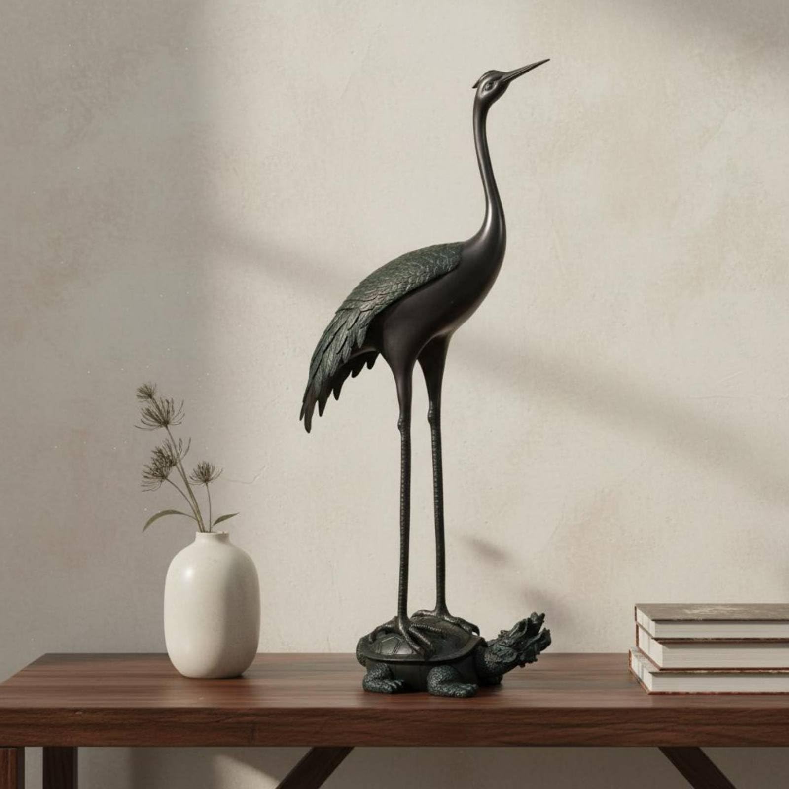 Adorno de Ave Zancuda de la Longevidad Coleccionable Escultura de Bronce Estilo Chino Diseño Llamativo Decoración del Hogar para Entrada, Verde Antiguo, 1.2M Izq.Delante