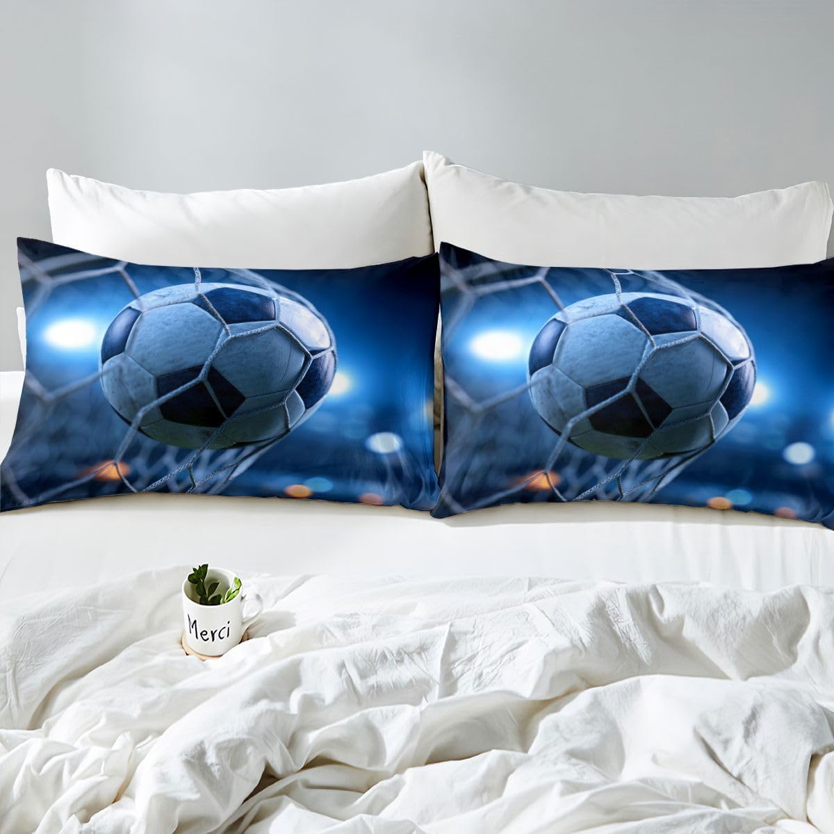 Feelyou 3D Soccer Bed Set Football and The Soccer Ball Decor Bed Sheets for Kids Boys Girls Youth Sports Theme Sheet Set Bright Blue Sheets Bedroom Collection 3Pcs Twin Size