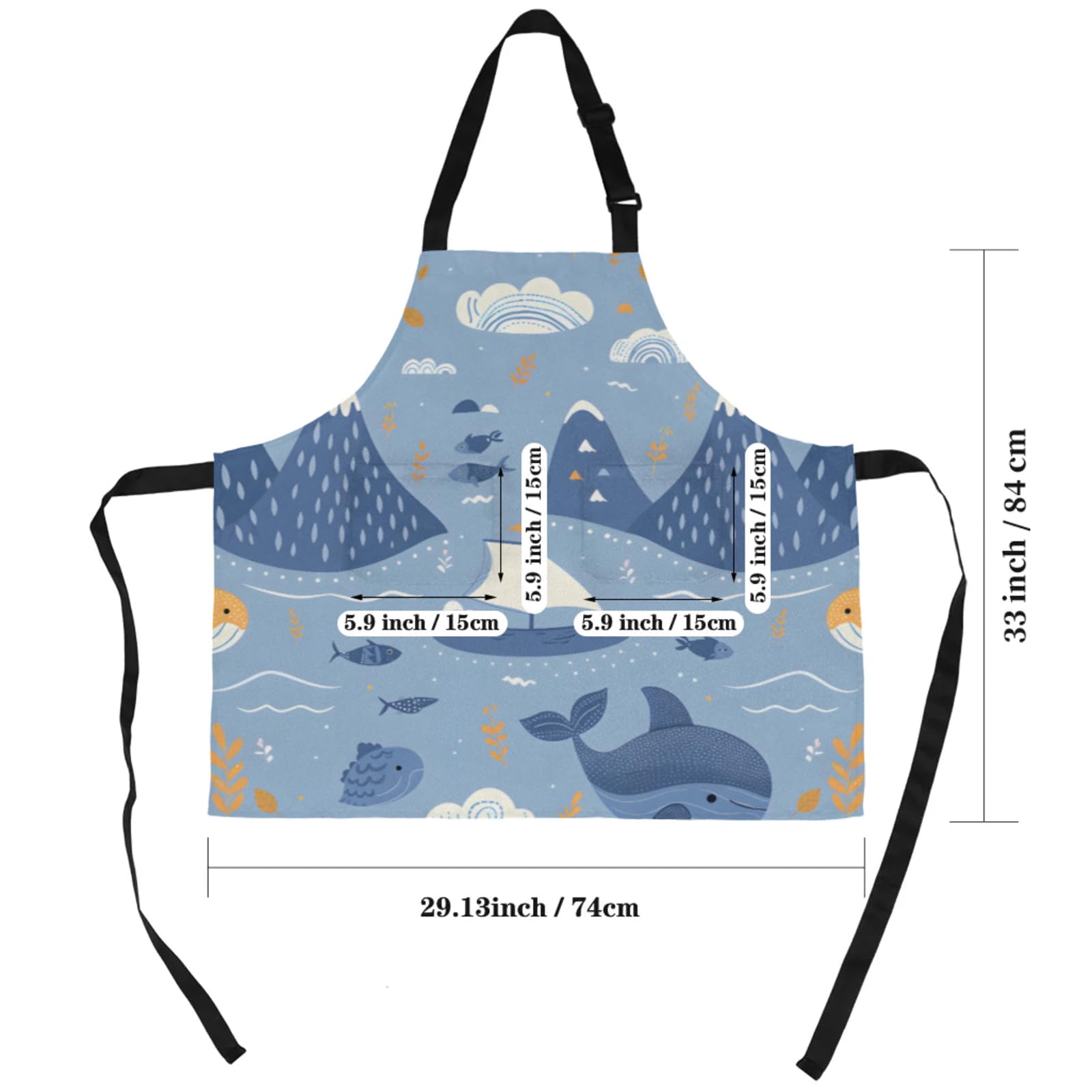 Aglebo Hand Painted Whale Fish Sailboat Chef Apron with Pockets Adjustable Shoulder Strap Waterproof Cooking Apron for Kitchen Baking Gardening Pottery Painting