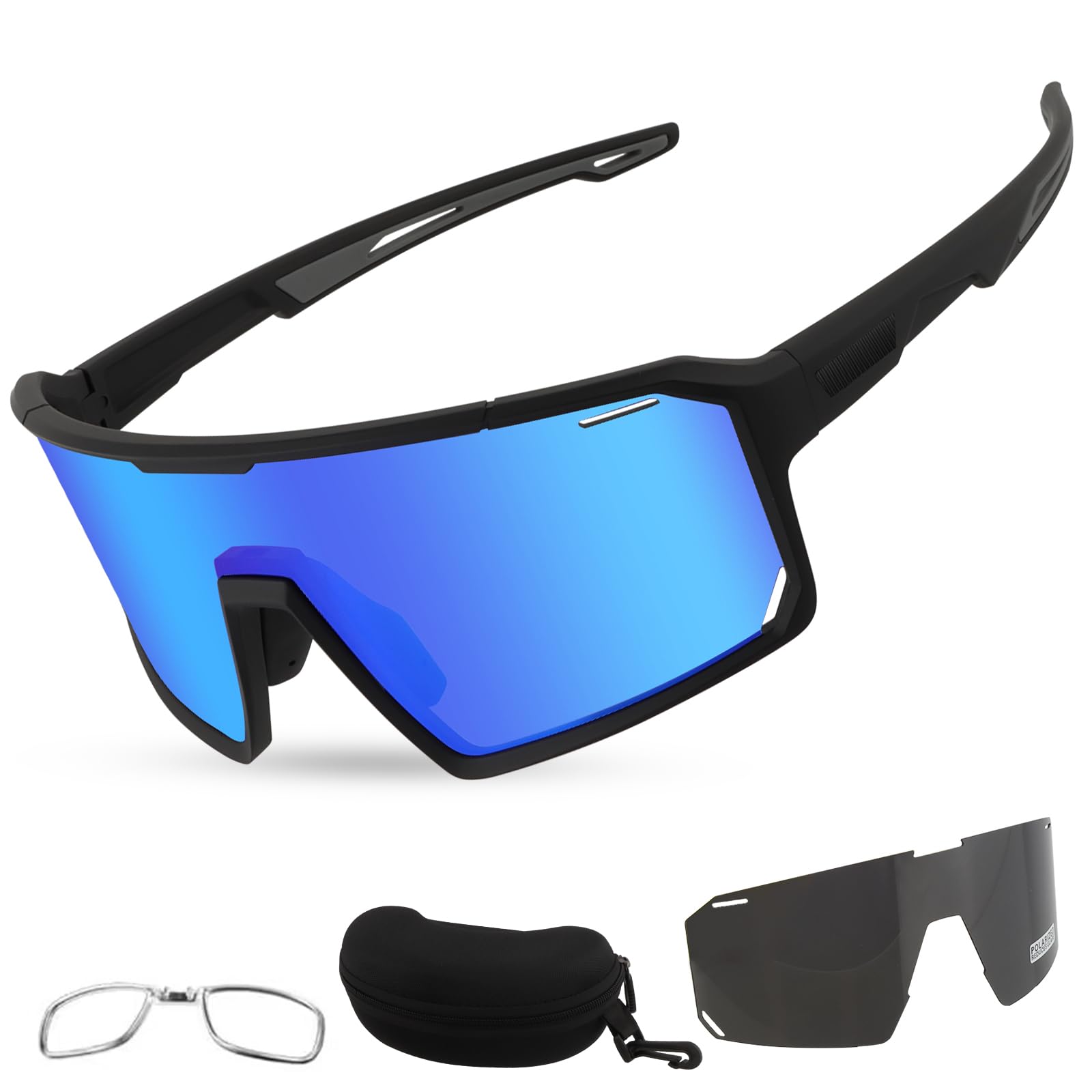 Polarised Sunglasses Sports 2 Lenses - (Polarised Lens, Colored Mirror Lens) Full Rim Cycling Glasses Unisex, with Inner Frame and Hard Case Bike Goggles, Baseball Driving Golf Eyewear