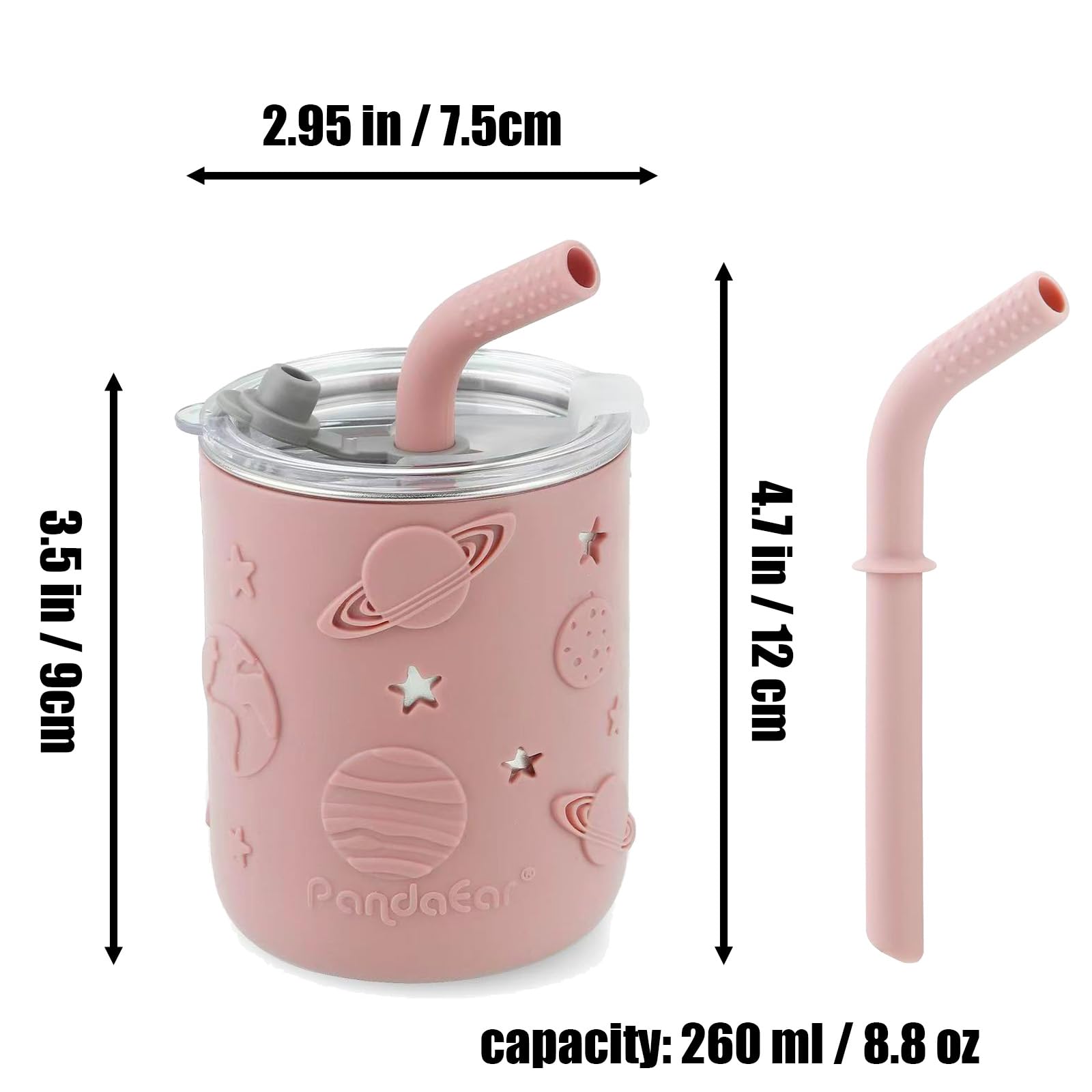 PandaEar Ensemble Repas Bébé Inox | 2 Assiettes Ventouse Compartimentées, 2 Gobelets Paille Antifuite avec Manchons Silicone, 2 Fourchettes & 2 Cuillères | Sans BPA (Rose)