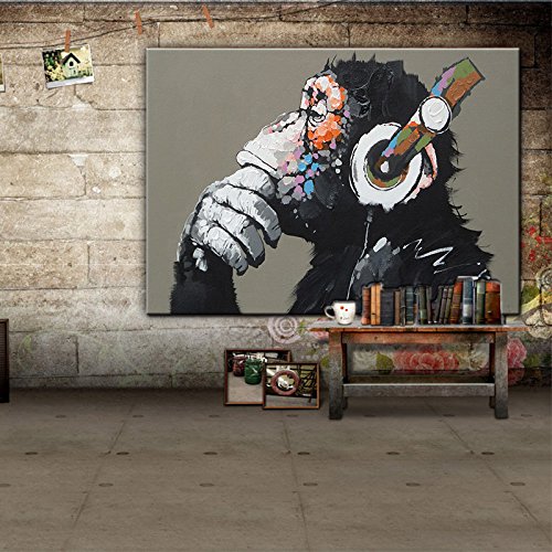 Dvq Art-Framed Animal Music Gorilla Canvas Printed Painting Modern Funny Thinking Monkey With Headphone Wall Art For Home Decor Ready To Hang 1 Pcs (16X24Inch(40X60Cm)) #TOP2