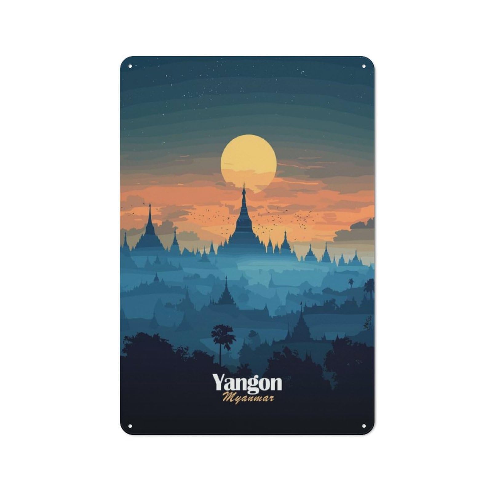 Junmoney Style-6 Yangon Skyline Sunset Decorative Tin Sign 30X20cm, Old Fashioned Vintage Wall Decor For Lounge, Study, Pub Or Wall Gallery